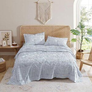 🆕4 Piece Blue King Bed Sheet Boho Geometric Patterned Soft & Wrinkle Bed Set